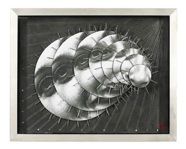 Self-Portrait with Circles and String, 24"x13"x2.75" Paper collaged on wood panel, acrylic paint, nails, string