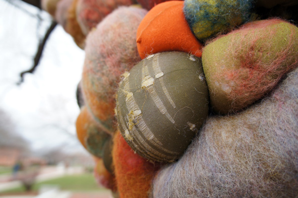Mushroomed detail. – approx.. 60 x 42 x 96 in., nylon, fiberfill, wool, paint, wire; felted soft sculpture. Photos by artist