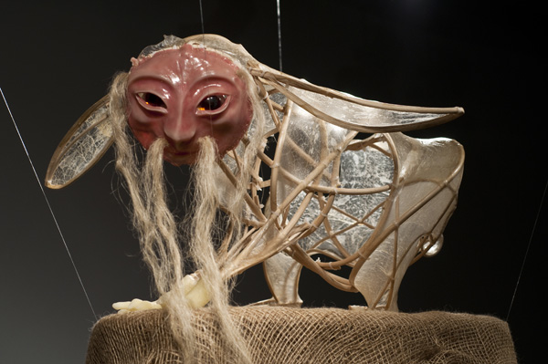 Detail: nagual (by night I am the giant hare), 2010, 30" x 60" x 18", materials: hog gut, reed, resin, silicone, flax, wax, burlap, wood, buttons, techniques: casting