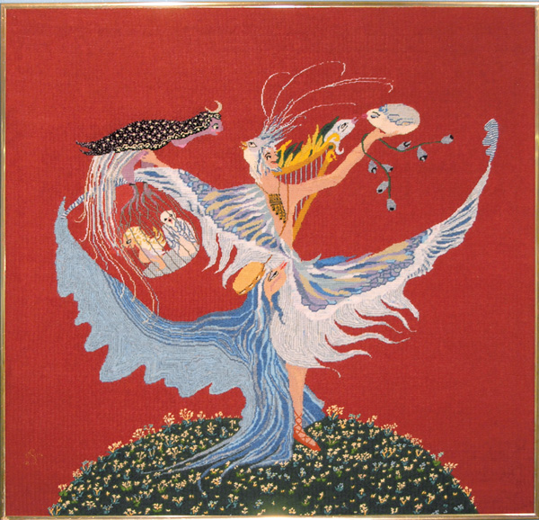 Papageno, from the Magic Flute Series, 26 in H x 25 in W, 1981. Wool, cotton and silk threads on needlepoint canvas. Photo: Abar Color Labs.