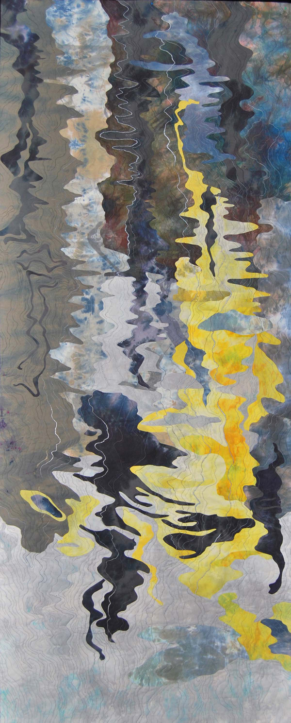 Reflections, var. 18, Venice, Fondamenta Venier, var. 18, hand-dyed, over-dyed, collaged, fused, free motion machine stiched, 2012, 32 x 78. Created for the Seasonal Palette exhibit of the Studio Art Quilters Associates.