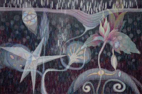 The Sources 2, Weaving: combination of warp painting and weft painting hand plied yarn of cotton, silk, linen, and rayon, fiber reactive dyes, 122 x 183