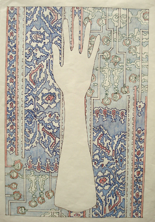 Future Reliquary Series – Ikat Algorithm working drawing, 12" x 8" graphite and pencil 
crayon on paper, photo by artist