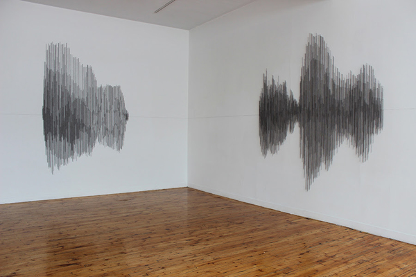 Hesitations, Artspace Contemporary Art Projects, Peterborough, ON. Thread wound around painted nails on drywall; soundscape, 2010/2012, 108" H x 312" W x 1 ½" D, thread construction. Photo: Fyn