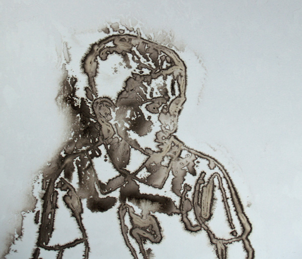 Detail: Picnic #4, 30" x 22", india ink on 100% cotton paper (light blue), monoprint, photo: Anna Keck