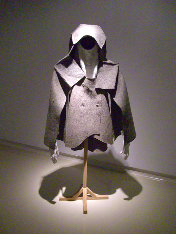 Pressure Suit, Felt, yarn, thread, wood, 2010, wearable 2ft, freeform knitting, Machine Sewing, Hand sewing, basic carpentry. Photo: Shanell Papp.