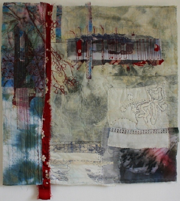 Spring Snow, Urban Nature series. Paper and textiles layers, print, worked on top of an old silver polishing rag, dye, paint, print, machine and hand embroidery, 52x52cm. Photo: Cas Holmes.