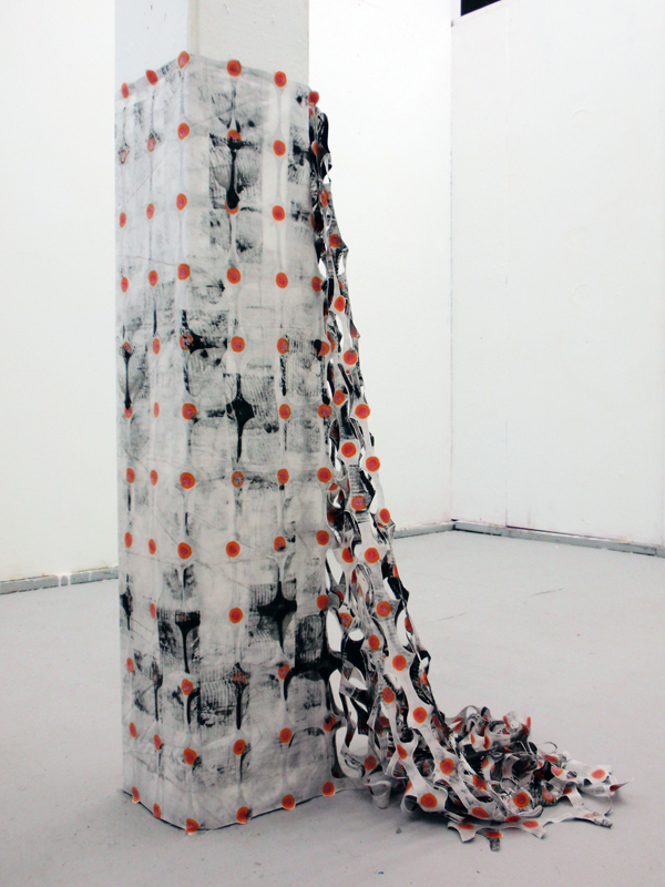 The Fence As Lace #7, 48 x 103" before wrapped around a column, 100% cotton, paint, thread, Monoprinted, handstamped, handpainted, stitched, cut stiffened fabric, Photo credit: Jeanne Williamson.