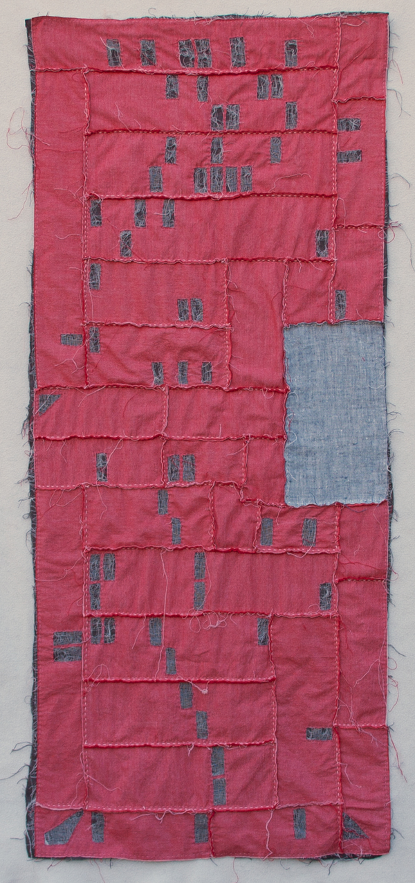 Phoenix Foreclosure Quilt, 22"w x 52"h, Shot cotton, cheesecloth, linen, yarn and embroidery thread, Hand sewn quilt, Photo: Kathryn Clark