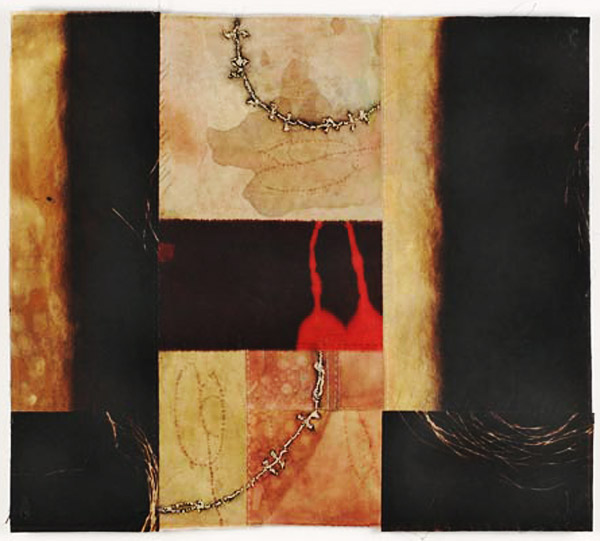 Fragment VIII, 35 x 23 inches, Hand dyed fabric, discharge, van dyke print, drawn with dye stick, stained with ink, hand pieced, stiffened and waxed. Photo: Mark Frey.