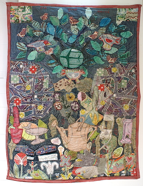 The Good Earth, found and vintage fabric, ribbon, canvas, trim, hand and machine stitch, 2013, 130 x 110 cm, sewn textile collage. Photo: Anne Kelly