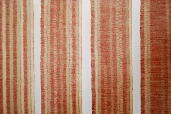 Detail of central panels: Recollect 1, five panels each 125 H x 40 cm W, linen, plant dyes, kasuri weaving. Photo: M Kelly-Frère.