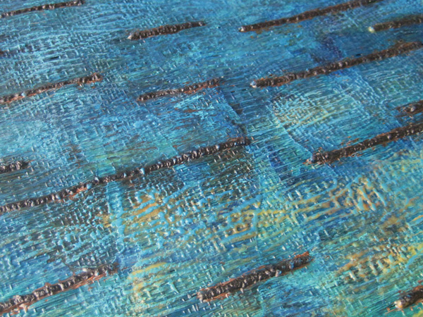 The Message, 2012, Handwoven copper wire in undulating twill with supplemental weft, embroidery and wax. 32 cm h by 40 cm w x 1 d.