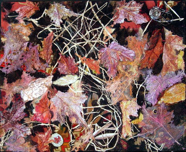 Forest Floor in Autumn, 22" x 18" framed, recycled upholstery fabrics, needlepoint samplers, pulled thread fabrics, needle lace, cheesecloth, paint, found objects, hand and machine stitching.
