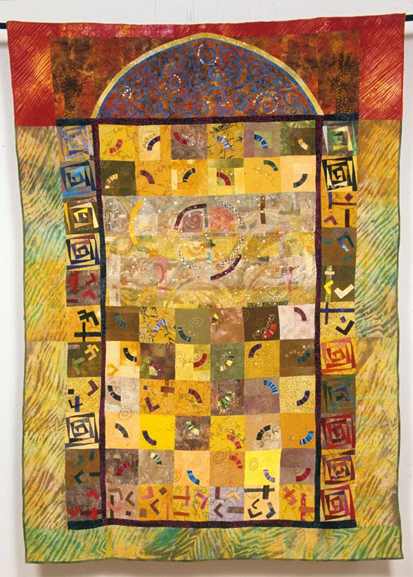 Fragile as a Leaf in Autumn. Dyed linen, cotton threads, piece work, hand applique and hand embroidery, hand quilted. 70" wide by 84" high, 2004. photo Sara Warburton. Private Collection.