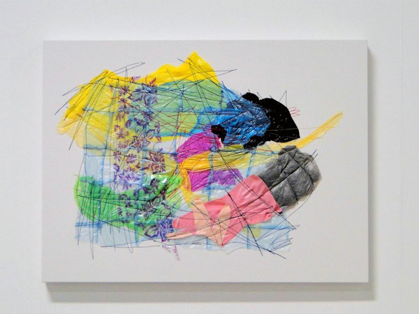 Landscape with Rubber Glove, found plastic, rubber glove, thread, canvas, 2013, 60 cm x 82 cm, machine stitched. Photo: Louise Keen.