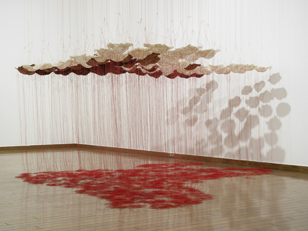 Rice is Life, detail, sushi, red & black rice, threads, 2014, tied threads, cooked rice, installation: Everson Museum, Syracuse, New York, USA, photo: David Broda.