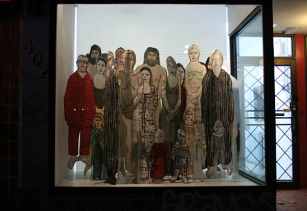 Nuit Blanche 2010 (at Rochelle's Mon Ton Window Gallery), woodblock and softoleum printed, painted  and embroidered fabric figures, life size, 2010