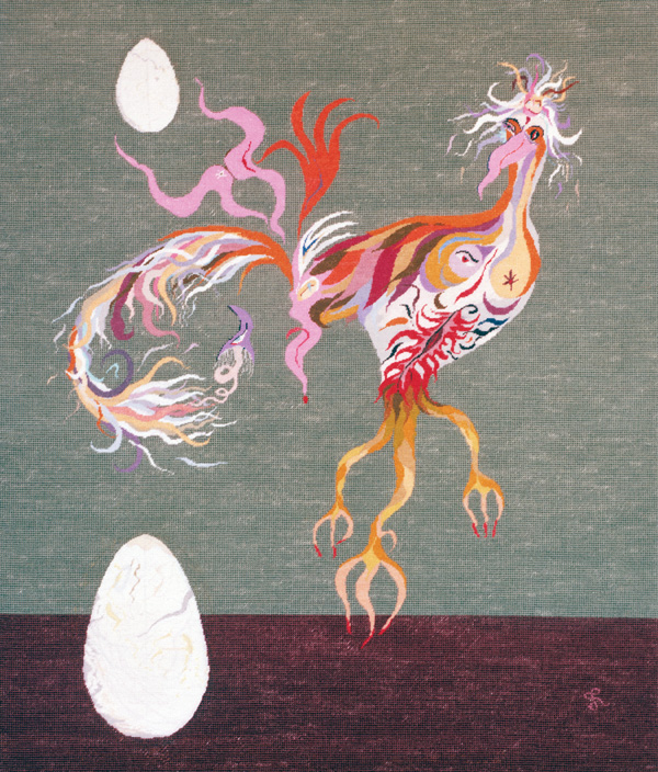 The Obscene Bird of Night (after a novel of that name by Jose Donoso), 34 in H x 29 in W, 1974. Wool, cotton and silk threads on needlepoint canvas. Photo: Abar Color Labs.