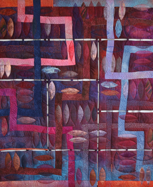 Samenhang (Cohesion) (117 x 140 cm) Materials: cotton, beads, oil crayons, fusible web, organza, silk threads, silk, angelwire.

After my visit to the quilt exhibition in London and Ailsa Craig in Canada (Ontario) I have gained a lot of inspiration. I started working on a quilt in which all kind of connections are present.