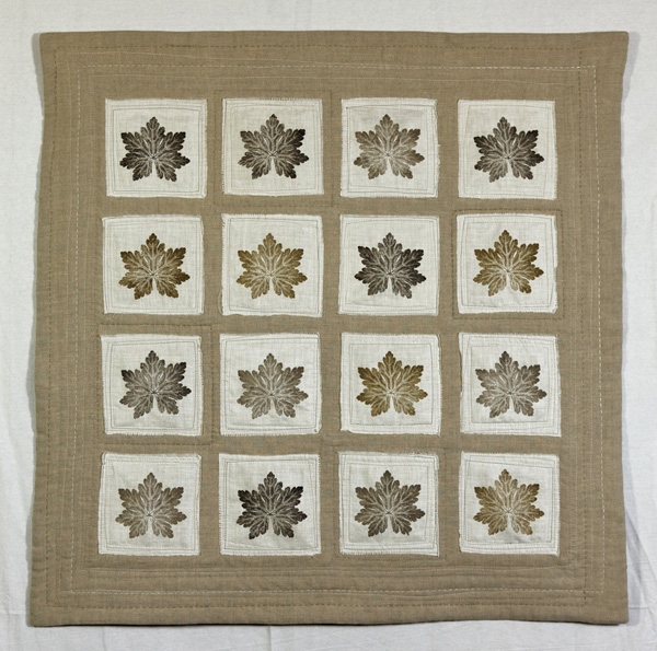 Shades of Geranium, 2009, 34" x 34", leaf printed vintage handkerchief linen, appliquéd on natural linen, hand and machine stitched, photo: Peter Aaslestad