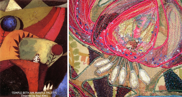 Shoshanah [Lily] mantle for Temple Beth Am (Seattle WA), A variety of fabrics, trims, and beads; appliqué. The recently widowed donor wanted to express the joy of Shabbat, rich Moroccan colours, the flowers she saw when she met her husband on the mission to Israel. "Shoshana", the lily, is perhaps the quintessential flower of Israel, and certainly central to the Song of Songs and much Hebrew poetry.