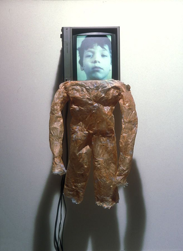 Song, 2001, video monitor, shelf, VHS tape with 1 minute repeated sequence; sculpture made of Japanese tissue, acrylic medium 64 x 39 x 39 cm, Photo: Isaac Applebaum