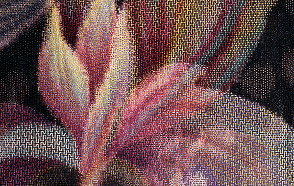 Detail: The Sources 2, Weaving: combination of warp painting and weft painting hand plied yarn of cotton, silk, linen, and rayon, fiber reactive dyes,