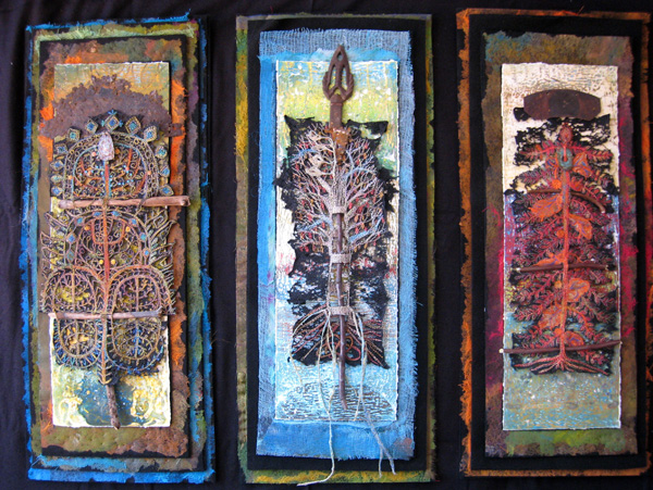 Steps of Time, triptych, 2009, Monoprint on paper stitched and burned felt, 10''x24''. Photo by artist