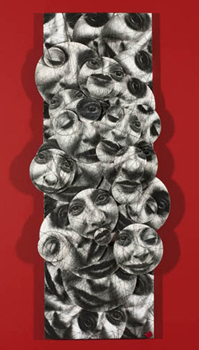 Strung Out: 36"x16"x4" Paper collaged on wood panel, pencil, nails, string