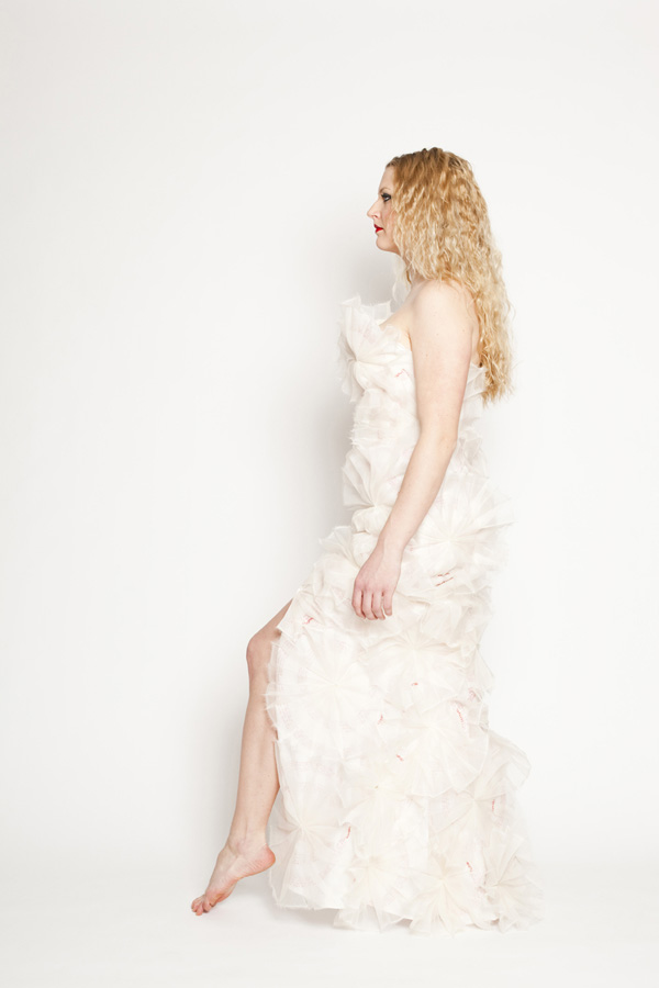 Target Side, Media: Suit Weight Silk with Permantent Marker Hand Writing, Pleated Silk Organza, Cotton Thread Embroidery, Thread, Zipper, 2011, Photography: Christine Lim