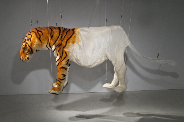 The Tigress of Jowlagiri, 2011, 96" x 40" x 24", materials: wool, recycled textiles, silicone, pulleys, rope, techniques: wet felting, needle felting, sewing, casting