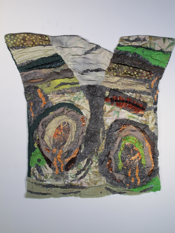 Tree Crone with Brooch, mixed media, hand stitchig, 16"x17", 2010, Joanne Young