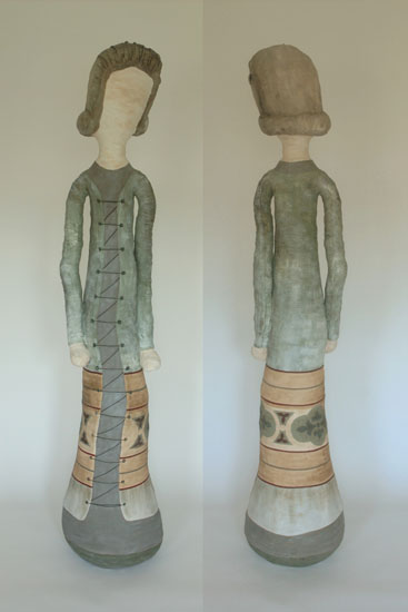 Visitor, 71" x 14" x 14", wood, concrete, clothing, paint, medium, Fibre Technique: additive fibre sculpture, wrapping, shaping, sewing, clothing design
