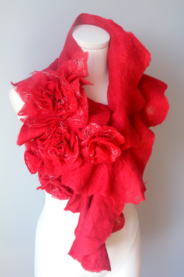 Vivascious scarf with golden thread blossoms, Felting merino wool, 2012 Photo-Lorena Santin Andrade