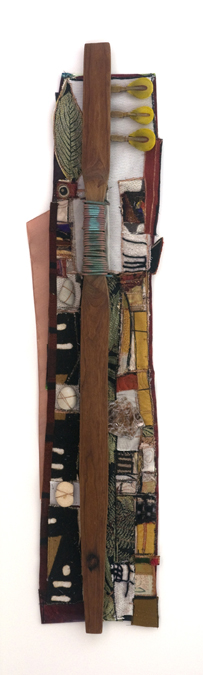 Ash, Embellished, found and new textiles, hand-carved ash bow, copper, copper wire, stone, mica, piano felt, 18" X 50", 2012, Photo credit: Mark Vander Vennen