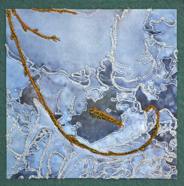 Contrasting, 4” x 4” (10” square framed)  photo transfer, machine embellished