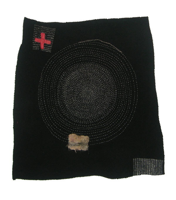 Guide, hand stitched deconstructed wool garment, silk & cotton blend thread, felt, eco-dyed silk piece, 2011, 21" x 20" Photo: Christine Mauersberger