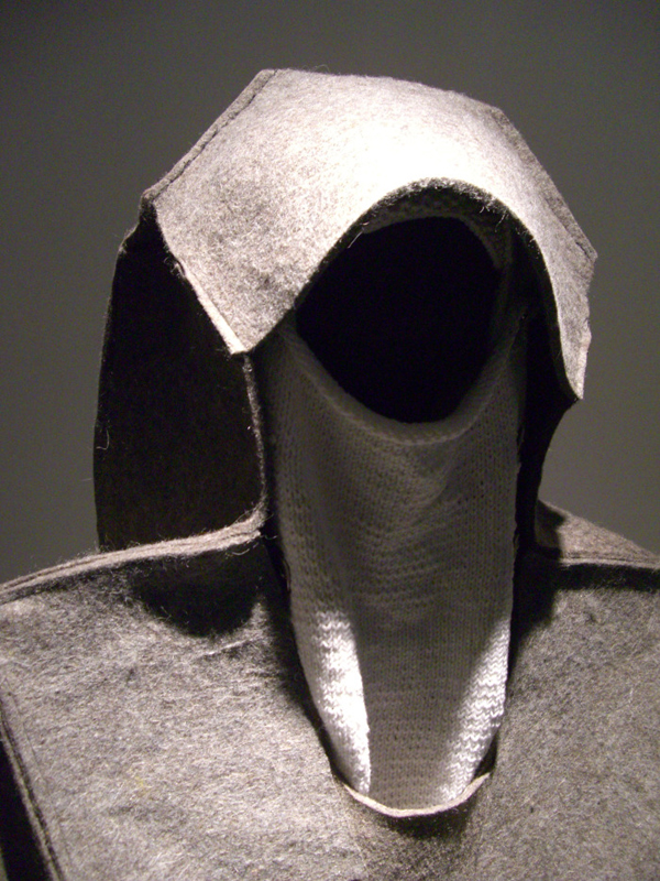 Pressure Suit, Felt, yarn, thread, wood, 2010, wearable 2ft, freeform knitting, Machine Sewing, Hand sewing, basic carpentry. Photo: Shanell Papp.