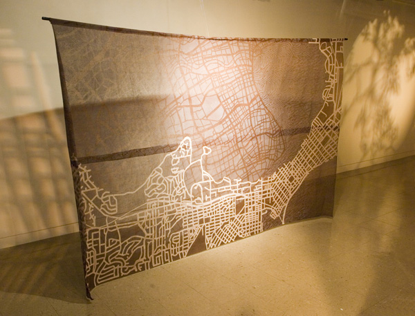 Relocation, buckram, dye, pigment, screen-printing, theater lighting, gobo, gel, 120"(w) x 80"(h), photo: Xia Gao