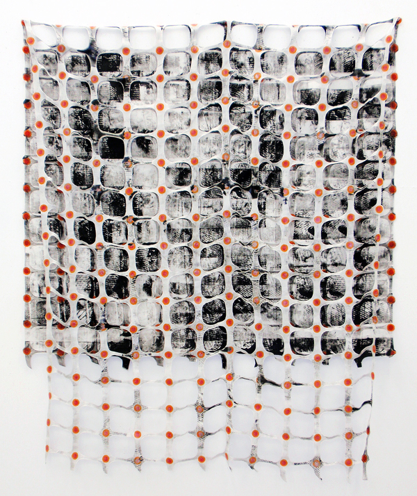The Fence As Lace #7, 48" x 103" before wrapped around a column, 100% cotton, paint, thread, Monoprinted, handstamped, handpainted, stitched, cut stiffened fabric. Photo credit: Jeanne Williamson