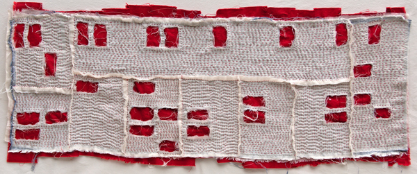 Modesto Foreclosure Quilt, 16"w x 42"h, Tea stained voile, linen, cotton and embroidery thread, Hand sewn quilt, Photo: Kathryn Clark