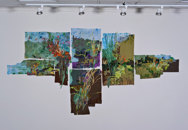 Fragments of Eden, II, 10' x 5', painted and printed vintage linens and fabrics, deconstructed clothing, artist's brush cleaning rags, commercial fabrics, plastic net vegetable bags, machine stitching. Photo: Susan Byrne Photography.