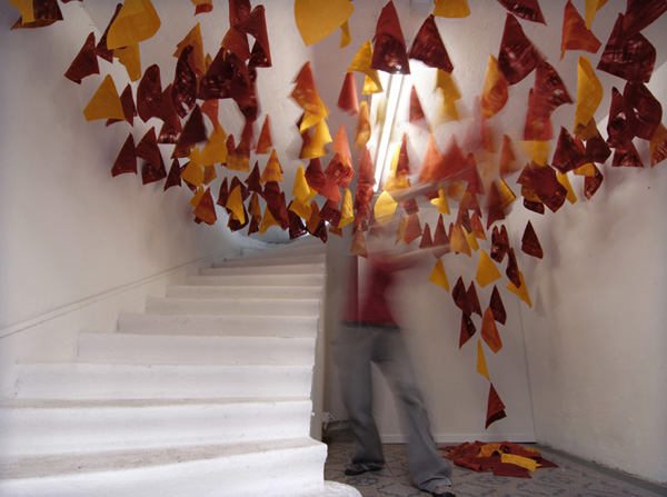 A autumnally tainted forest, about 100 or 200 pices: all are about 15cm x 25cm, handmade felt made of Merino Wool, Photo: Jens Lindworsky, 2009