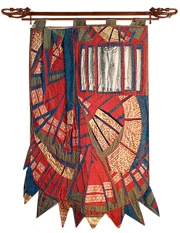 Aspara 14, 35W x 62H, fibre, textiles I collected in the region and cloth I created. Fibre techniques are drawing, painting, machine and hand sewing