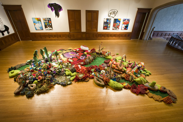 Beauty From the Beast, 2009, installation- 20' X 25' mixed media apocalyptic garden, stitched "comic books" (Michael West)