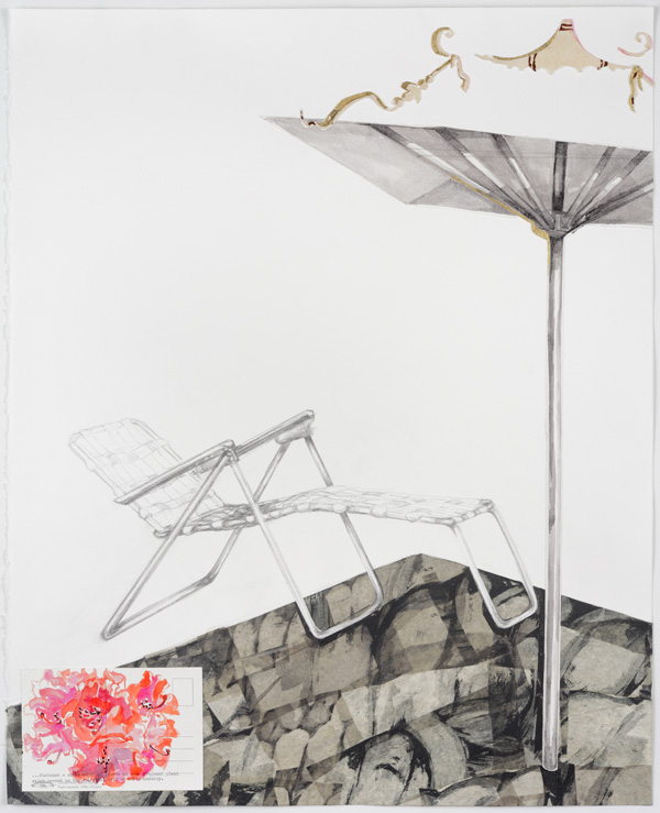 Canadian Tire (Chaise), etching on Kurotani paper, graphite, watercolour, gold leaf, BFK paper, 26"H x 21"W, 2012, photo: Peter Legris