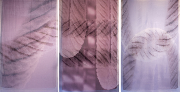Caress I, II & III, 2011, each 200 x 400 x 30cm, digital print on silk satin and silk organza