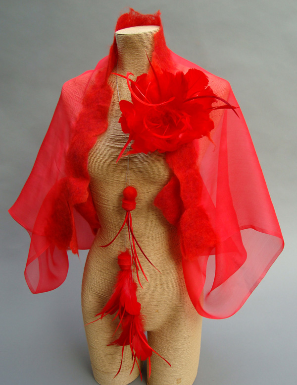 Fervent shrug with fervent necklace, Nuno felting on silk organza, 2012 Photo-Lorena Santin Andrade
