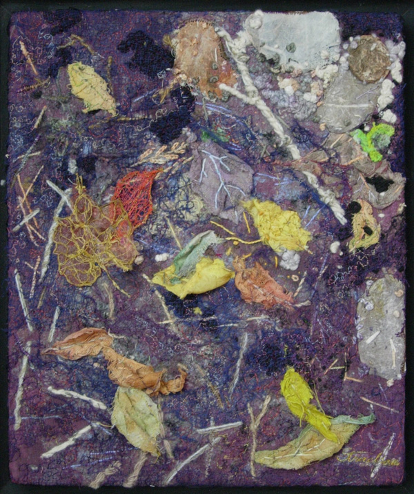 Forest Floor, Study, 12" x 14" framed, distressed fabrics and cheesecloth on painted cotton, "pabric" molds (paper and silk combination), hand and machine stitched.
